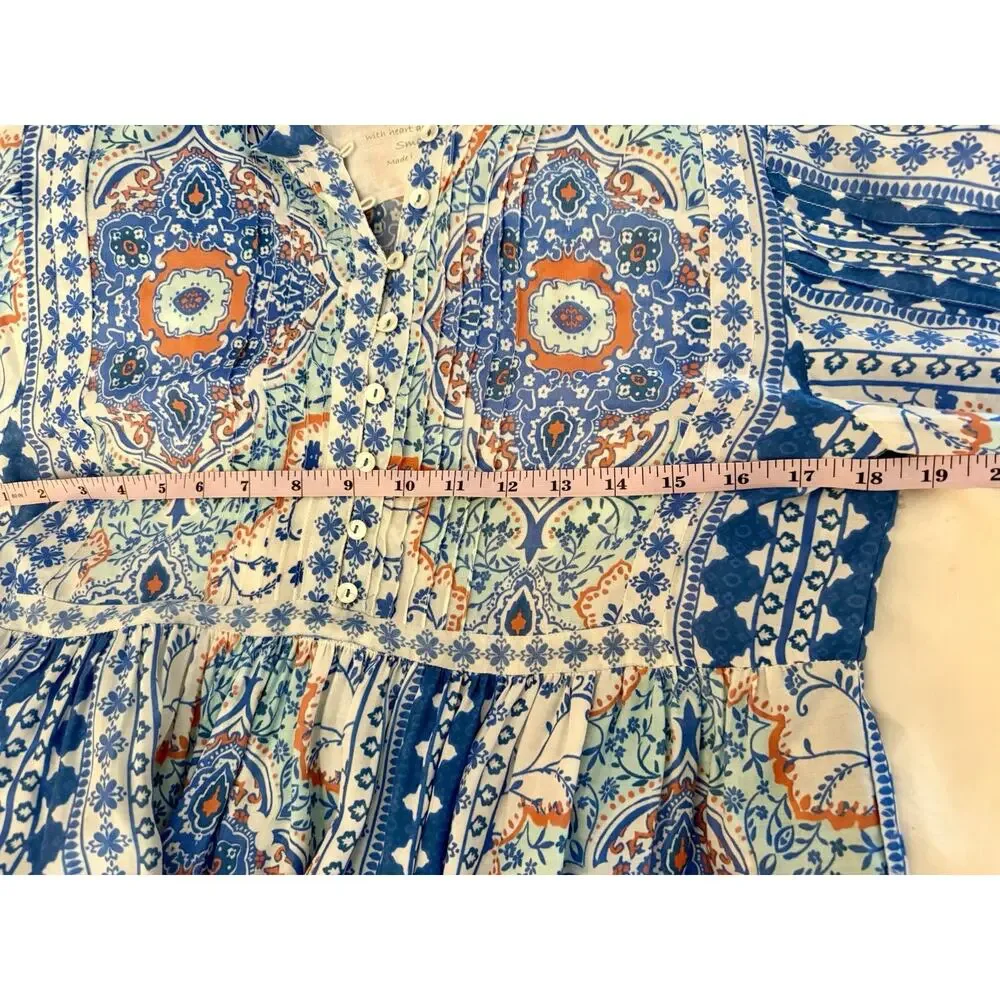 Kyla Seo Small S Blue Orange Floaty Boho Chic Artisan Rayon Bell Tassels Hippie - Picture 6 of 10